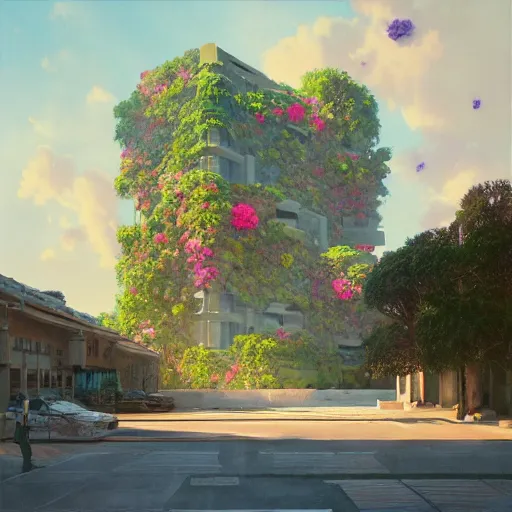 Prompt: a painting of a building surrounded by flowers, a watercolor and matte painting by Beeple and RHADS and maxfield parrish, cgsociety, brutalism, dystopian art, sci-fi, artstation hq