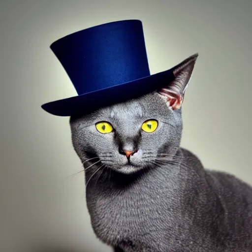 Prompt: photograph of a Russian Blue cat with amber eyes wearing a top hat, intricate detail, kodak 2383 vision color, god rays, depth of field, award winning photography, 4k, hd