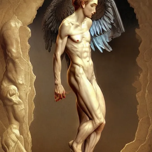 Prompt: muscular Angel standing in the front of gates of hell . Angel is wearing mans suit. angel is draped with bones. Digital painting. Art station. Mood lighting. Skindness, highly detailed, concept art, intricate, sharp focus, einar jonsson and bouguereau - h 1200