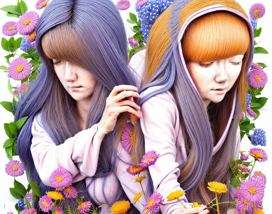 Image similar to richly detailed colored pencil 3D illustration of a beautiful English woman with long metallic hair wearing a hoodie and short shorts,she is sewing thread drawings of flowers into her own thighs. mirrored background with completely rendered reflections, art by Range Murata and Artgerm.