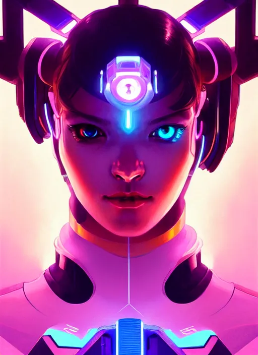Image similar to symmetry portrait of dva from overwatch, closeup, sci - fi, tech wear, glowing lights intricate, elegant, highly detailed, digital painting, artstation, concept art, smooth, sharp focus, illustration, art by artgerm and greg rutkowski and alphonse mucha