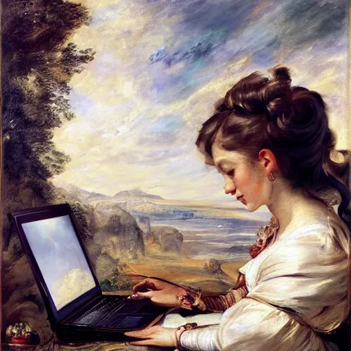 Image similar to heavenly summer sharp land sphere scallop well dressed lady working on her laptop auslese, by peter paul rubens and eugene delacroix and karol bak, hyperrealism, digital illustration, fauvist, looking at her imac laptop