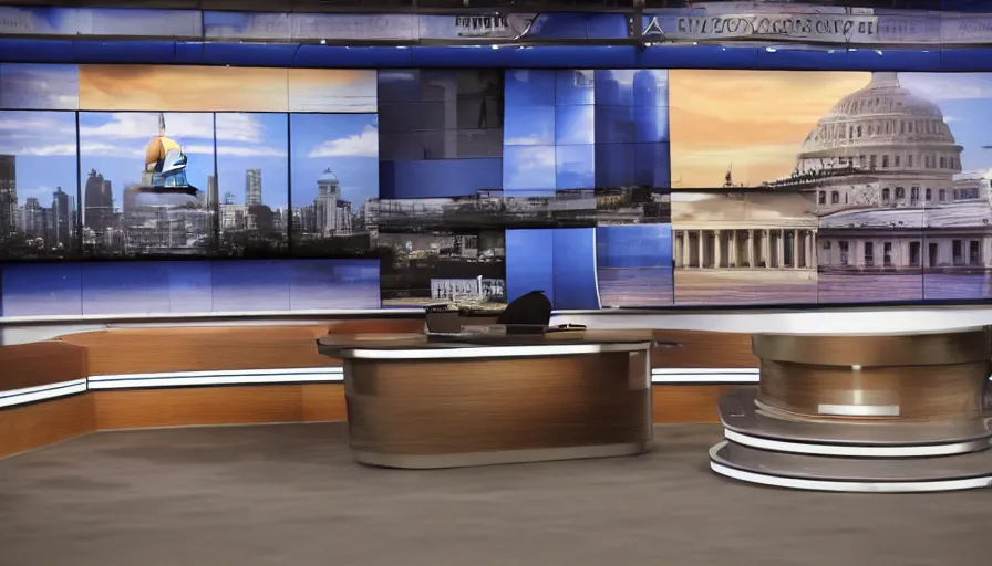 Prompt: A backdrop for the set of a news show depicting buildings from Washington jumbled together