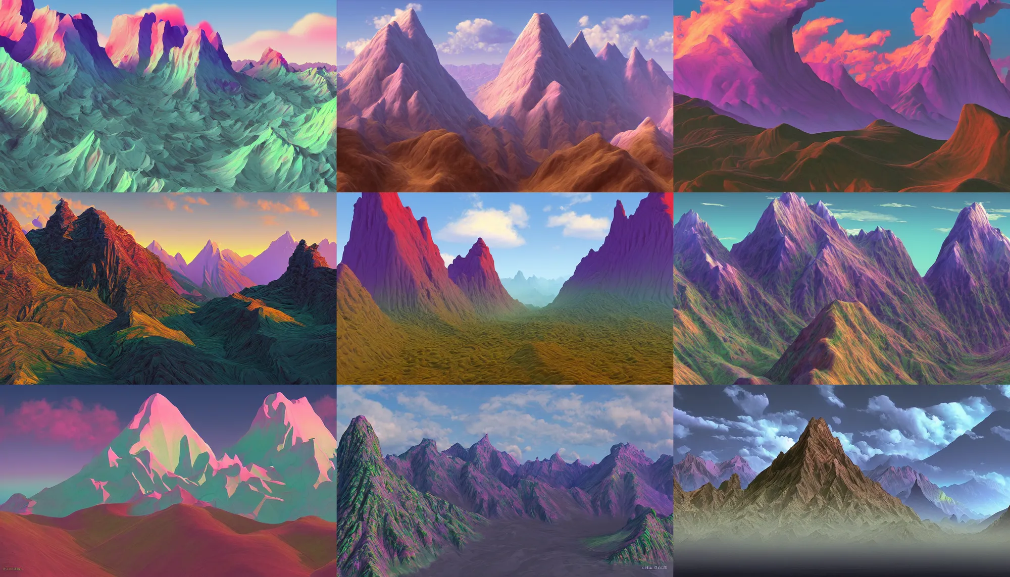 Prompt: beautiful painting of a beatiful scenic mountain range, vaporwave, by Jean Giraud, 3d model in zbrush