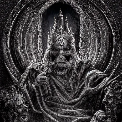 Prompt: photorealistic king of darkness in the style of michael whelan and gustave dore. hyperdetailed photorealism, 1 0 8 megapixels, highly detailed, psychedelic overtones