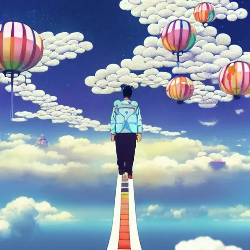 Image similar to a man walking on clouds above kyoto by takashi murakami, beeple and james jean, aya takano color style, 4 k, super detailed