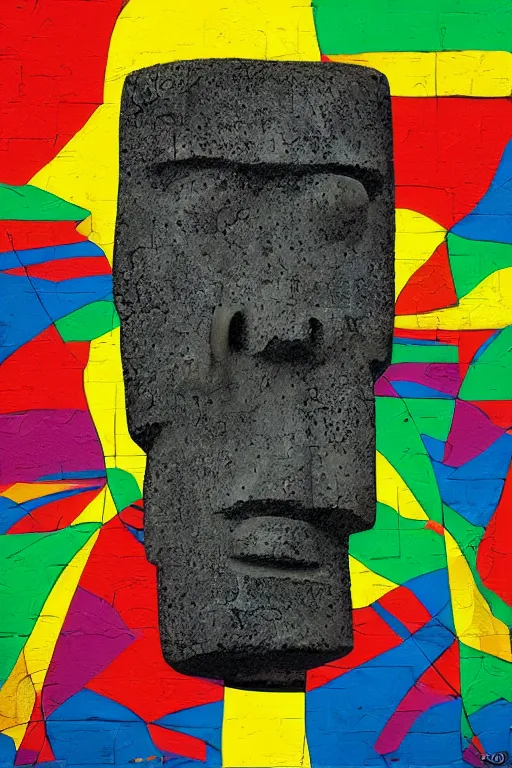 Prompt: moai statue popart slap face caricature cartoon graffity street digital by os gemeos and aristarkh lentulov artstation colorful vibrant beeple, by thomas kinkade