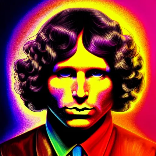 Image similar to An extremely psychedelic portrait of Jim Morrison, surreal, LSD, face, detailed, intricate, elegant, lithe, highly detailed, digital painting, artstation, concept art, smooth, sharp focus, illustration