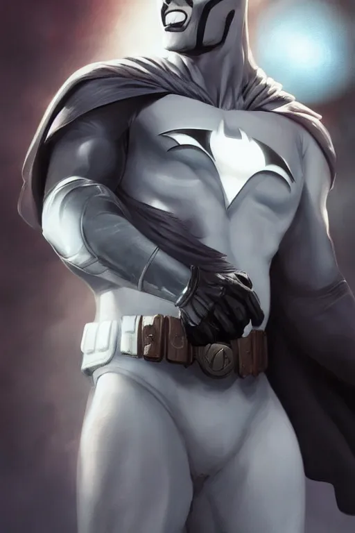 Image similar to characters portrait of MoonKnight mixed with Batman by ArtGerm and Tom Bagshaw, merged character, Full body shot, cinematic opening shot, 4k, highly detailed, cinematic lighting