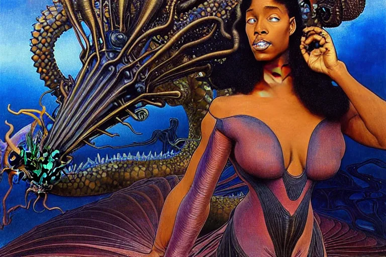 Image similar to realistic extremely detailed closeup portrait painting of a beautiful black woman wearing futuristic dress, dystopian landscape with a mutant dragon on background by Jean Delville, Amano, Yves Tanguy, Alphonse Mucha, Ernst Haeckel, Edward Robert Hughes, Roger Dean, rich moody colours