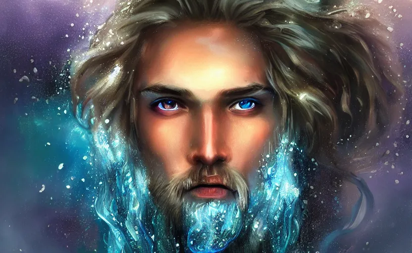 Image similar to Young and beautiful Poseidon emerging from water with blue magic, lumine, light particles, digital painting, realistic,4k, trending in Art Station