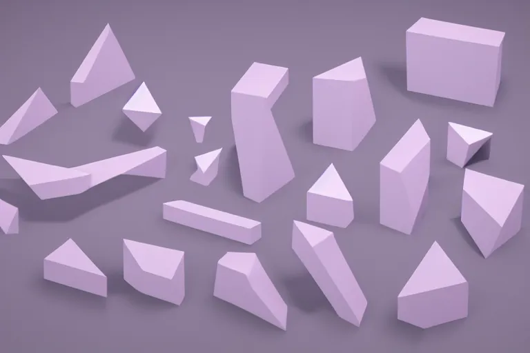 Prompt: 1 9 8 0 clay rendering of simple angular geometric shapes with sharp edges, the shapes are made of matte plastic, matte material, small fluorescent tube lights illuminate the shapes, cool purple grey lighting, cgi, ambient occlusion, masterwork, instagram, 3 d design, advertising visualization, splash page, widescreen 4 k