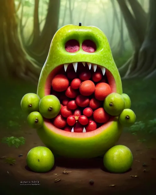 Prompt: portrait of a cute fruit figurine monster made of different fruit, standing in a forest, staring wide open eyes, open mouth, very detailed eyes, trees in the background, sunlight, oil painting, highly detailed, dramatic lighting, hyperrealistic, 8 k, smooth, intricate, artstation, cgsociety, by artgerm, by wlop