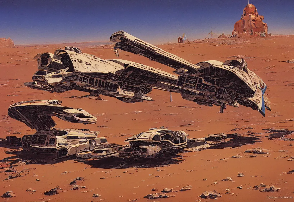 Prompt: remains of a spaceship in a desert by robert mccall
