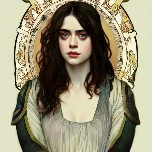 Image similar to portrait of a combination of Alexandra Daddario, Maisie Williams, Krysten Ritter, Anne Hathaway and Natalia Dwyer Christina Ricci and Lily Collins by Alphonse Mucha, trending on artstation