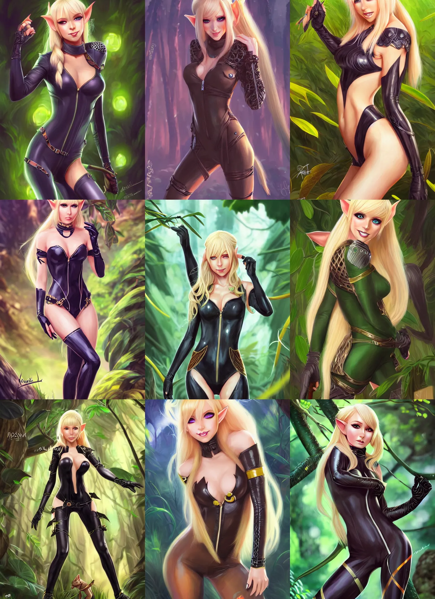 Prompt: full body portrait of blonde elf, female, in a jungle, spy catsuit, open zipper, long ponytail, happy face, high fantasy, dnd, face details, extremely detailed, smooth, sharp focus, digital illustration, by artgem, rossdraws, sakimichan