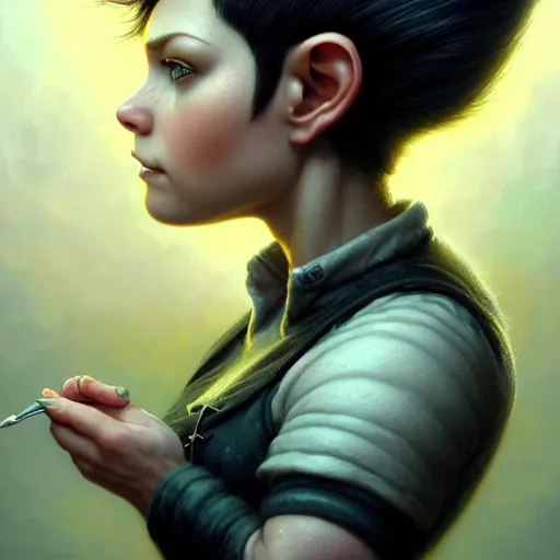 Image similar to portrait of a beautiful cute realistic charming female gnome engineer, black pixie undercut haircut, micro detail, intricate, elegant, highly detailed, centered, rule of thirds, artstation, sharp focus, illustration, artgerm, tomasz alen kopera, peter mohrbacher, donato giancola, wlop