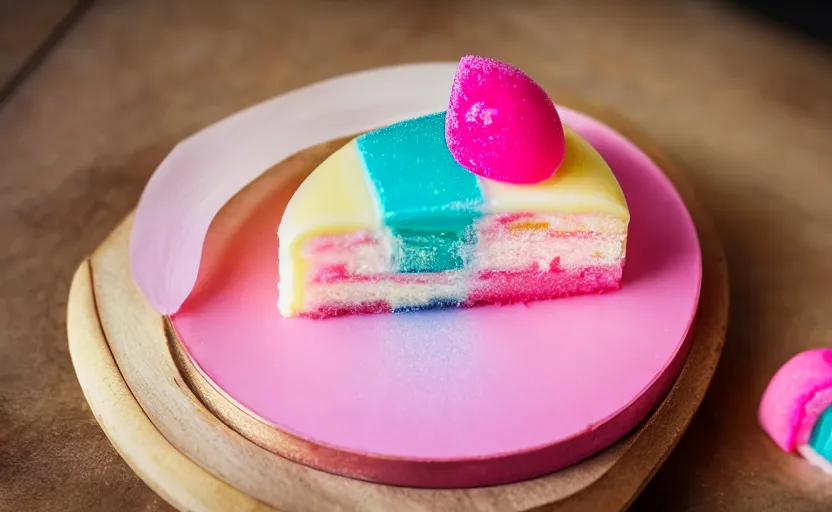 Image similar to A photo of a swedish princess cake from the side on a wooden table, covered with pink marzipan, some powder sugar and a blue marzipan leaf in the center. Sunset. 4K. Cinematic lighting. High detail. Realistic. Delicious.