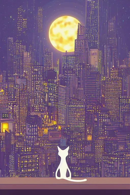 Image similar to cat overlooking bustling downtown city at night, pixel digital artstyle HD
