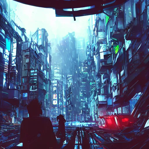 Image similar to android mechanical cyborg in overcrowded urban dystopia raining makoto shinkai wide angle shot