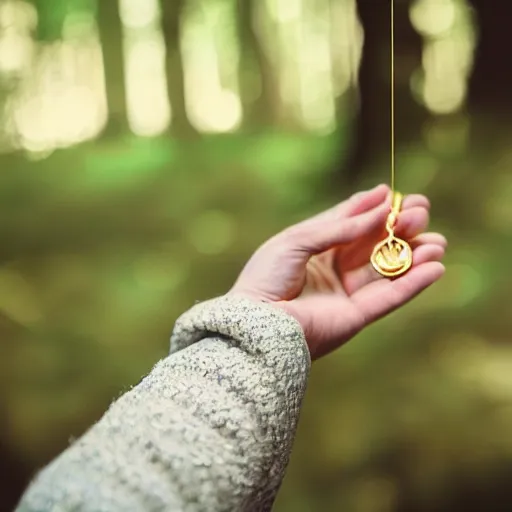 Prompt: hand holding an open golden locket pendant with a retro photo of an elegant and aesthetic woman portrait, on a forest background with bokeh. Retro. Antique. High quality 8k. Intricate. Graflex camera. Award winning