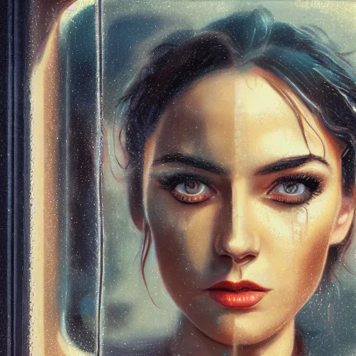 Image similar to detailed face of a woman, clockwork, moment, tectonic sky, skydome, bullet train, dystopian, tech noir, wet reflections, prism, atmospheric, ambient, pj crook, syd mead, livia prima, artgerm, greg rutkowski, nick alm, casey baugh