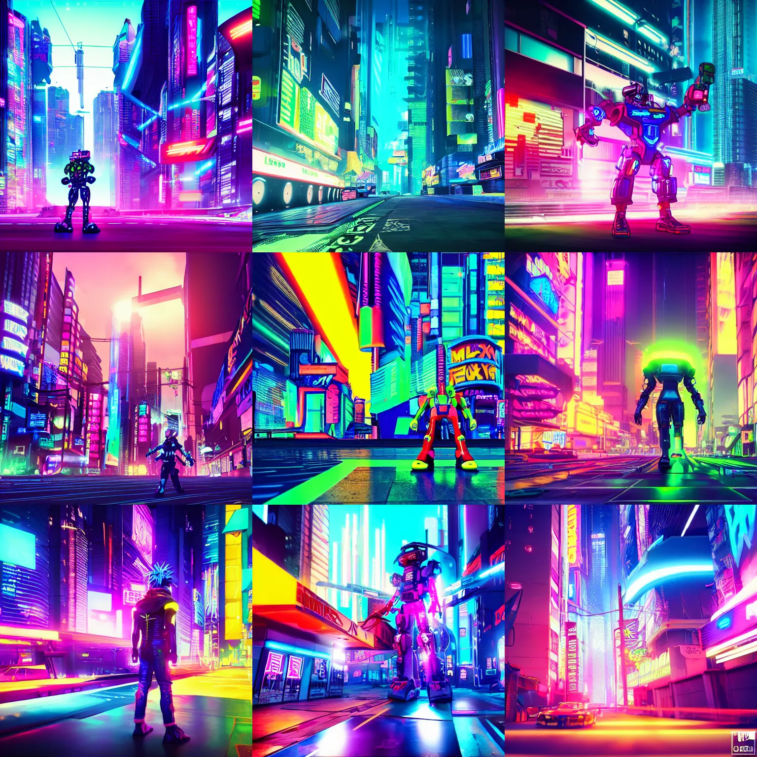 Prompt: megasxlr in cyberpunk city, neon colors, octane render