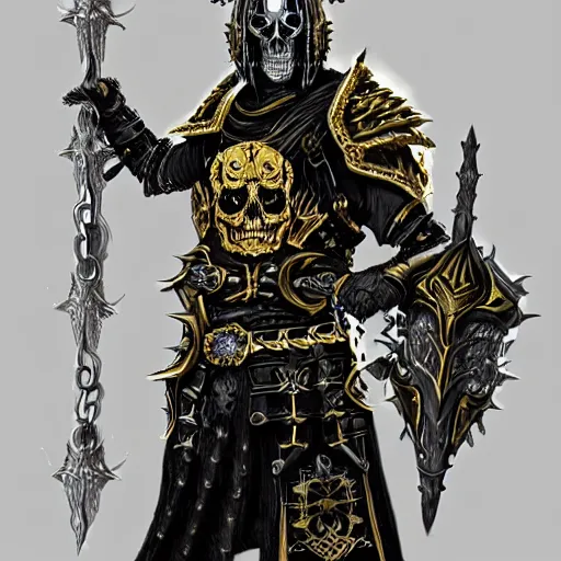 Image similar to lich king wearing black and gold armor with skulls and chains, holding a two handed sword with golden handle, wearing spiked crown helmet with skull mask concept art artstation