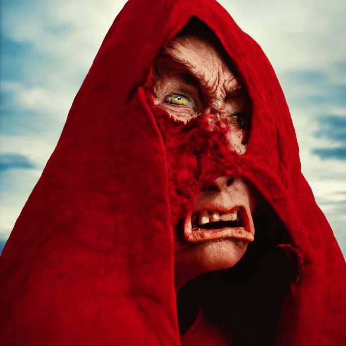 Prompt: closeup portrait of an angry woman in a red cloak, standing next to a red devil monster, by Annie Leibovitz and Steve McCurry, natural light, detailed face, CANON Eos C300, ƒ1.8, 35mm, 8K, medium-format print