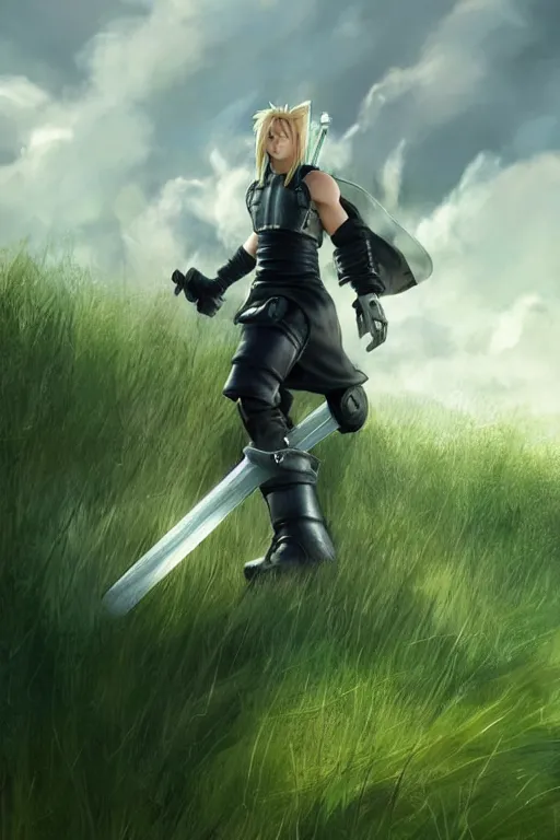 Image similar to cloud from final fantasy 7, battle stance , highly detailed, in a magical lush field of overgrown plants, digital painting, artstation, concept art, smooth, sharp focus, illustration, cinematic lighting, art by artgerm and greg rutkowski and Annie Leibowitz