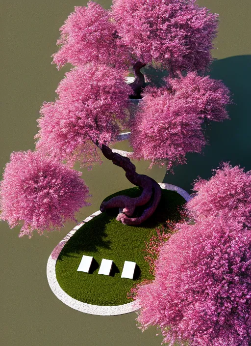 Prompt: hyper detailed 3d render like an Oil painting isometric perspective, octane render of a bonsai cherry blossom tree in a zen garden in the shape of a perfectly symetrical mandala finely detailed, hd, 8k minimalism, edge to edge, solid color background octane render, 8k