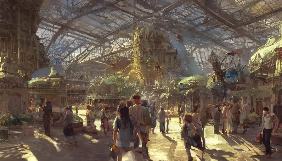 Image similar to craig mullins and ghibli digital illustration of world's columbian exposition, strong contrast, unreal engine, hyper realism, realistic shading, cinematic composition, realistic render, octane render, detailed textures, photorealistic, wide shot