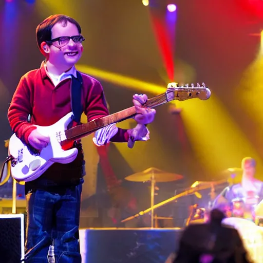 Prompt: greg heffley on stage with weezer