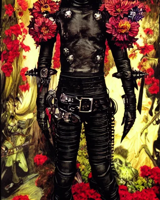 Prompt: portrait of a skinny punk goth keanu reeves wearing armor by simon bisley, john blance, frank frazetta, fantasy, thief warrior, colorful flowers floral