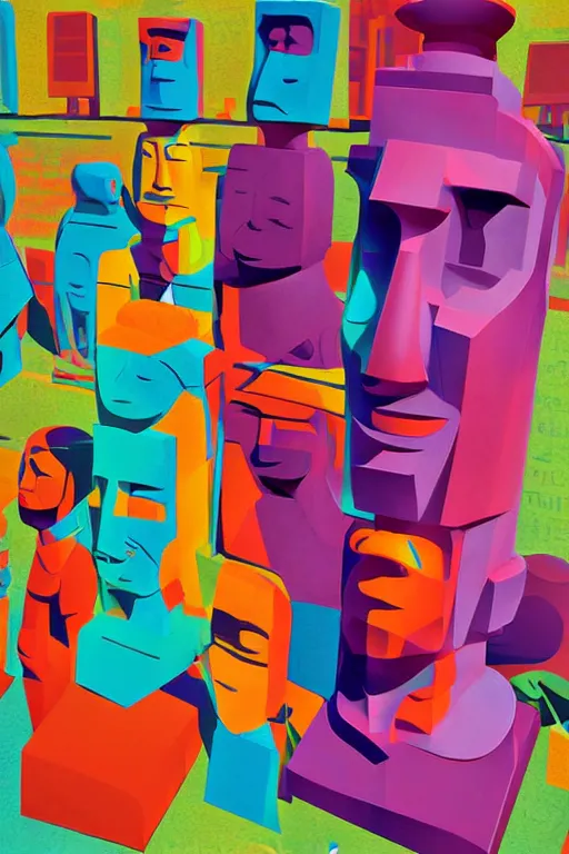 Image similar to cubist moai statue cutout digital illustration cartoon colorful beeple