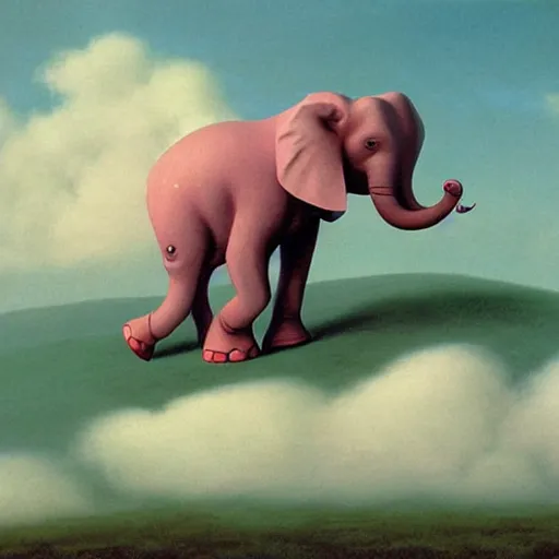 Prompt: A pink elephant happily walking in a field of clouds, illustration, detailed, smooth, by Adolf Lachman, Shaun Tan, Surrealism