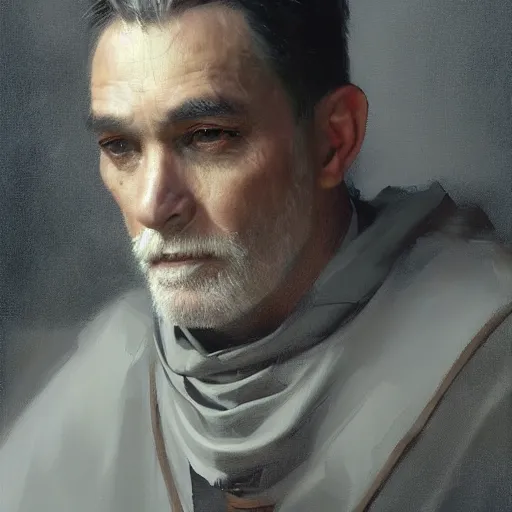 Prompt: An oil painting of a man dressed as a priest in his forties, beautiful and sharp face, dark brown hair with streaks of grey in it, highly detailed, by Greg Rutkowski, trending on artstation