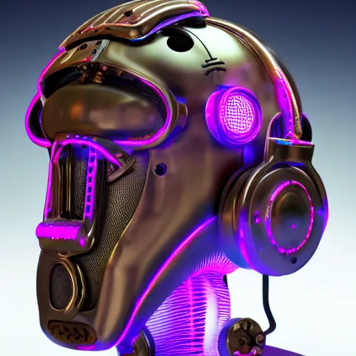 Image similar to a glossy claymodel of a steampunk robot head with glowing headphones, 8 k, symetrical, flourescent colors, halluzinogenic, multicolored, very detailed, black background, 3 d render,