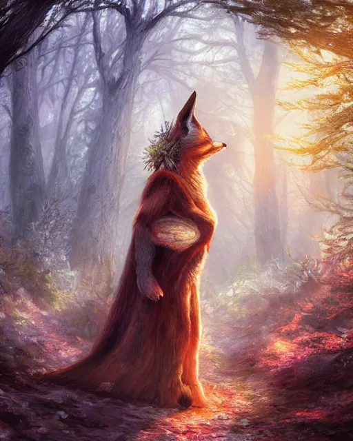 Prompt: Fox opera singer singing in forest, portrait, wearing hat, magical notes, fairy atmosphere, magic the gathering artwork, D&D, fantasy, cinematic lighting, centered, symmetrical, highly detailed, digital painting, artstation, concept art, smooth, sharp focus, illustration, volumetric lighting, epic Composition, 8k, art by Akihiko Yoshida and Greg Rutkowski and Craig Mullins, oil painting, cgsociety