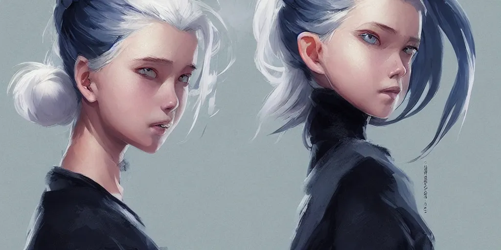 Image similar to girl sorcerer with white hair in a hairbun, she is wearing a black tshirt. cgsociety masterpiece, artstation trending, by rossdraws, ghibli, kimi no na wa, greg rutkowski, simon stalberg, greg manchess