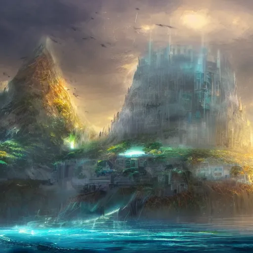 Prompt: Large Fantasy City in the middle of an island in the ocean, concept art, matte painting
