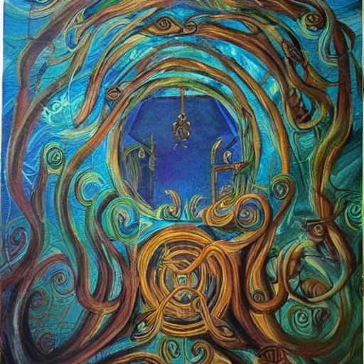 Image similar to the labyrinth from Greek mythology, acrylic painting, mystical, fantastical