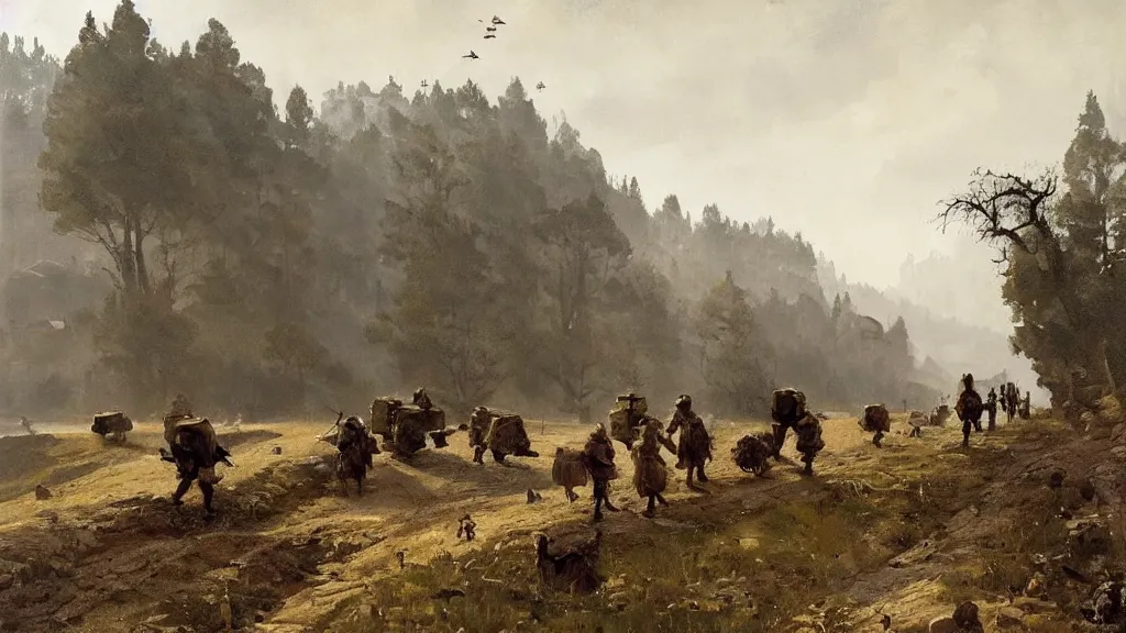 Prompt: a small village in the hills, a 1920's bipedal walking mech and soldiers passing through, geese crossing the road with some locals, painted by Jakub Rozalski