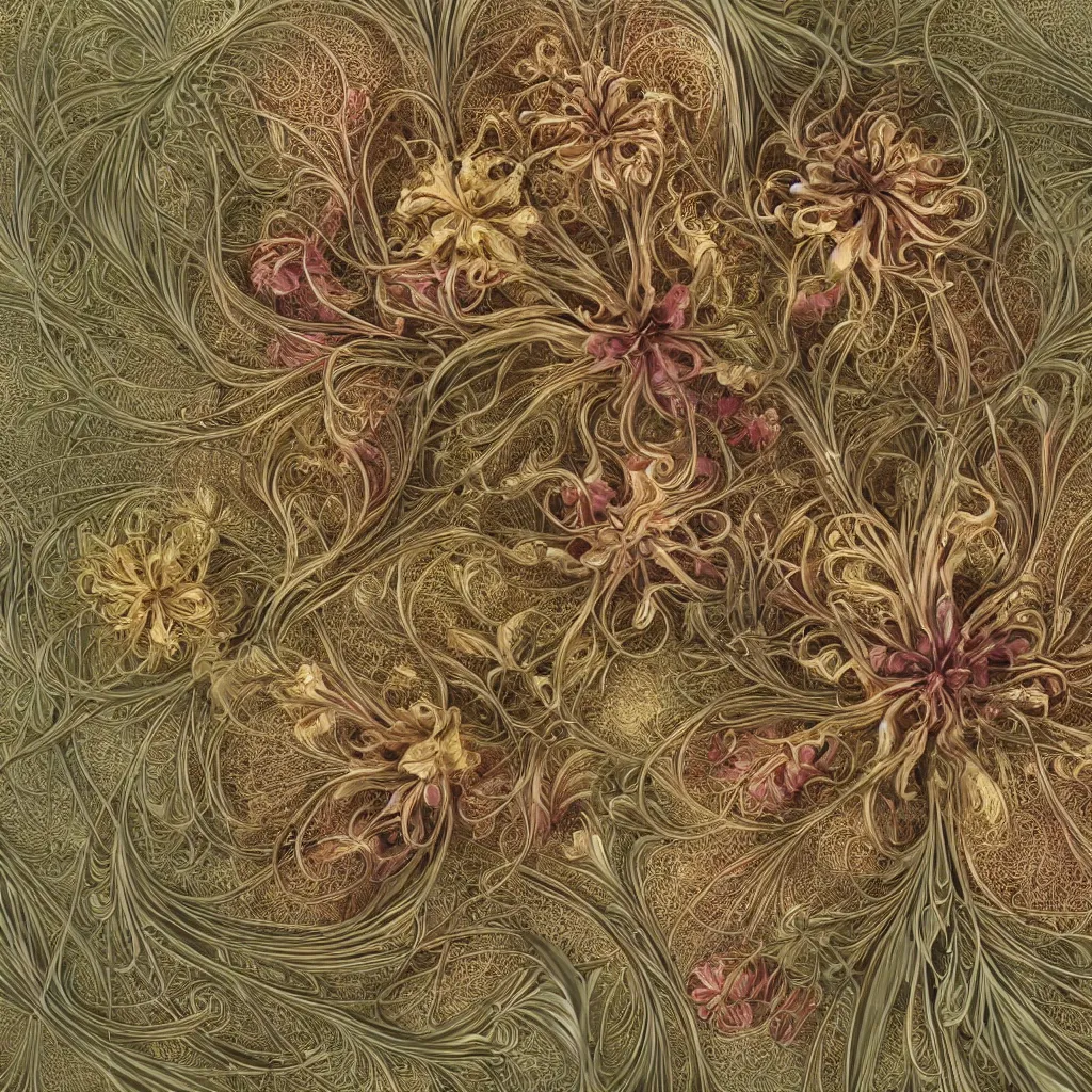 Image similar to complex flower by ernst haeckel! and mary jane ansell, closeup, fractal engravings,, realistic cinema 4 d render, beach sand background, clear focus, very coherent, very detailed