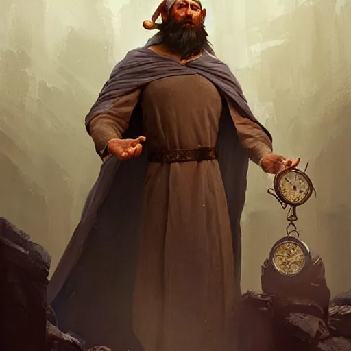 Image similar to A middle aged elf, wrinkled olive skin, brown hair and a raised hand, long beard, blue robes with clocks on, detailed face, highly detailed, cinematic lighting, digital art painting by greg rutkowski.