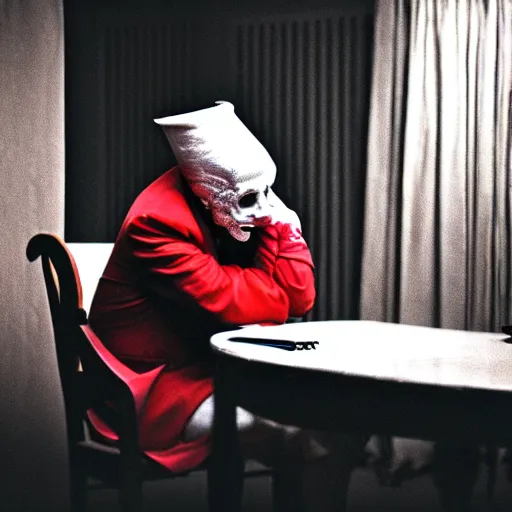 Image similar to a plotting man in a red jester suit sitting in a wooden chair near a table covered with cloth. the room is dimly lit.