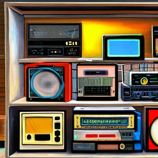 Image similar to an array of crt televisions stacked on each other, antenna, vintage radio, video game controller, n 6 4, acrylic painting