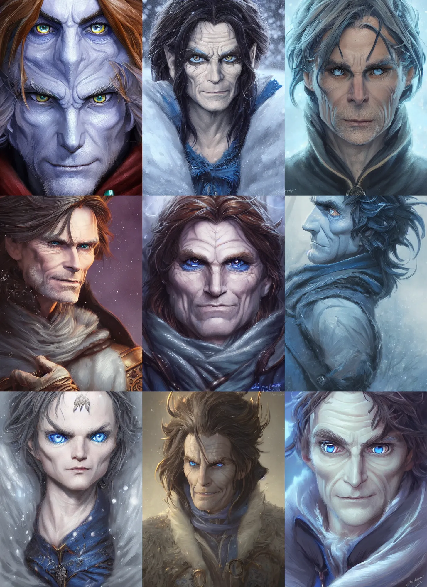 Prompt: wintry rumpelstiltskin, piercing blue - eyed stare, d & d, fantasy, highly detailed, portrait, digital painting, trending on artstation, concept art, sharp focus, illustration, art by artgerm and greg rutkowski and magali villeneuve