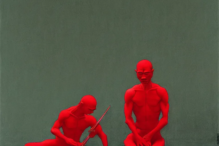 Image similar to only with red, a red samurai do seppuku, tokio, a lot of frogs watch, in the style of beksinski, parts by edward hopper, parts by rodcenko, parts by yue minjun, intricate and epic composition, red by caravaggio, insanely quality, highly detailed, masterpiece, red light, artstation, 4 k