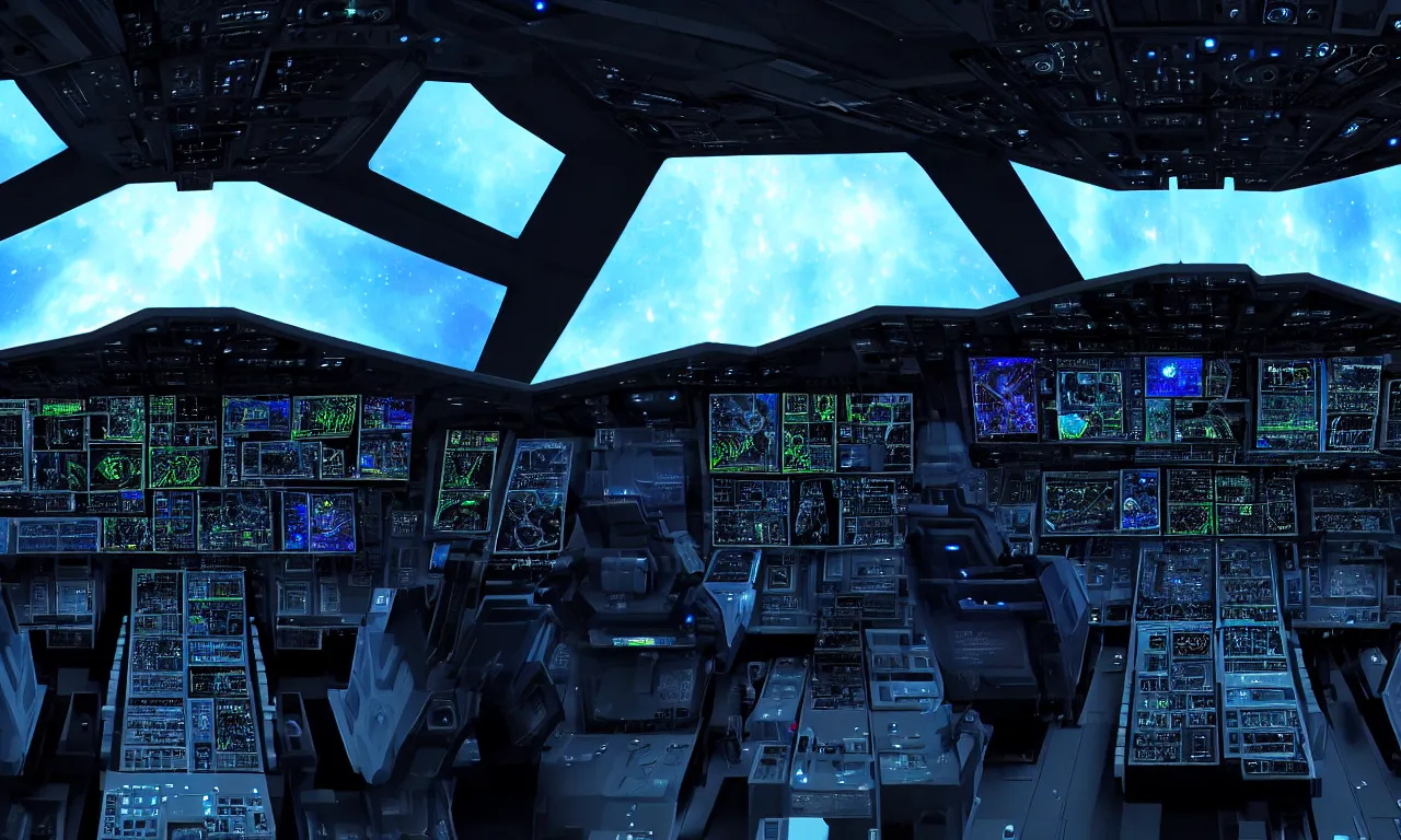 Prompt: the cockpit interior of an alien spacecraft, lot of details, monitors, displays, holographic, advanced electronics, raytracing, reflections, from scifi movie by weta digital and digital domain, symmetrical, realistic